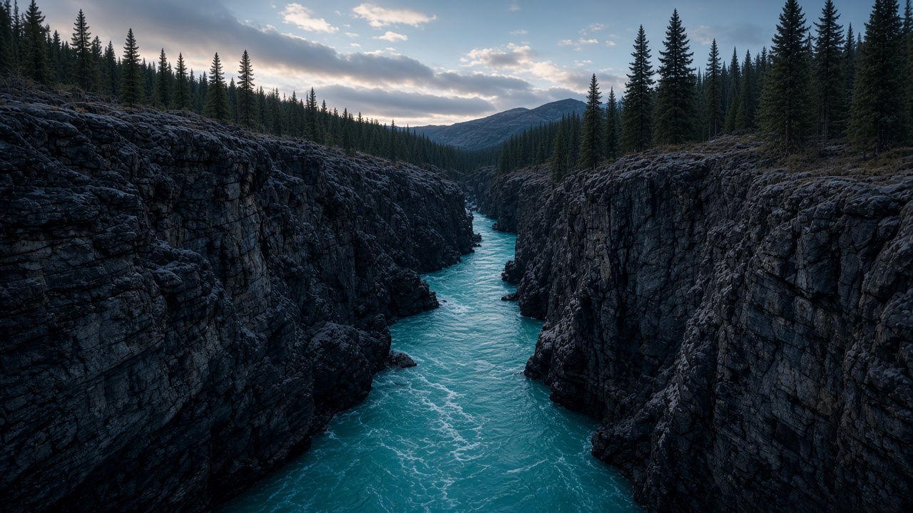 A teal river running through a slate canyon at dusk