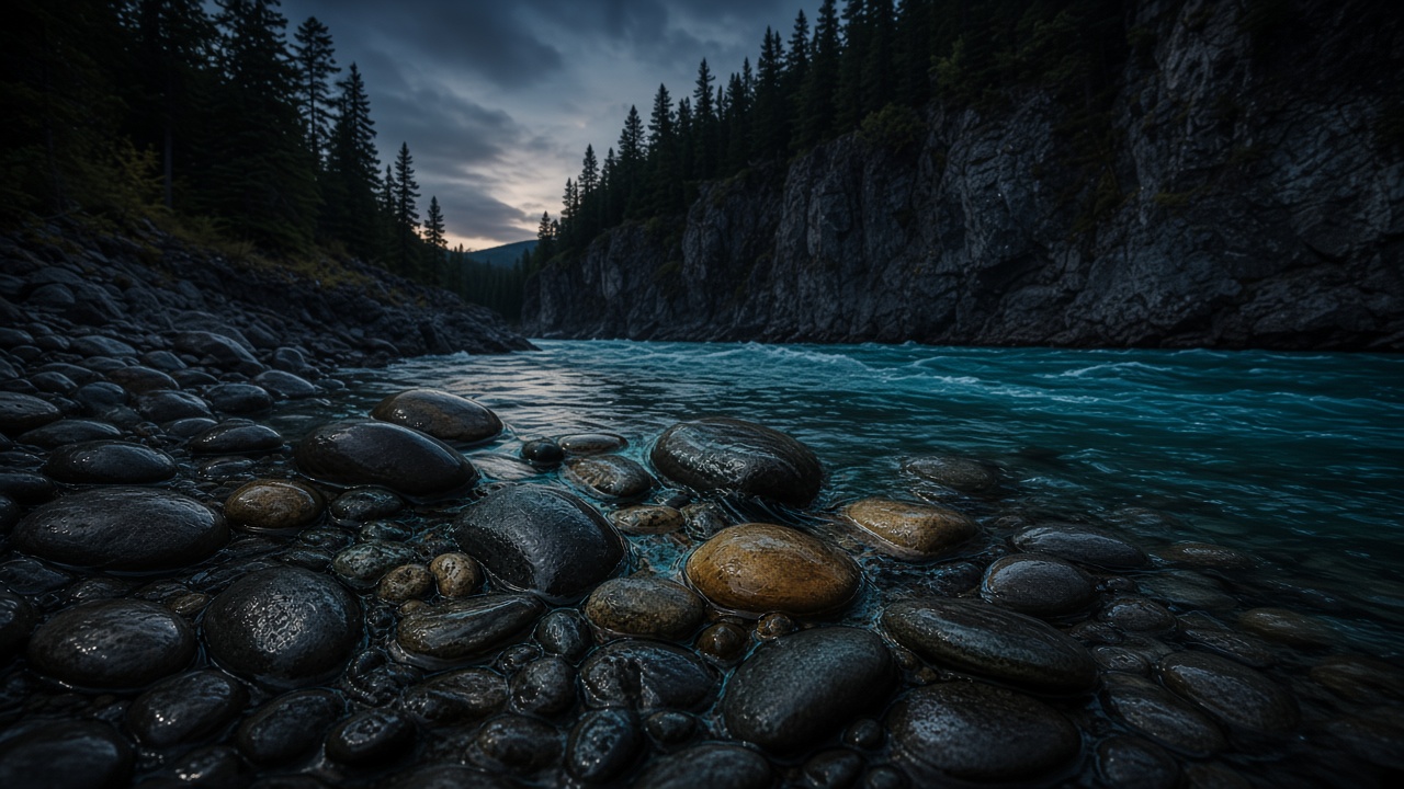 Wet river stones along a teal river in a slate canyon