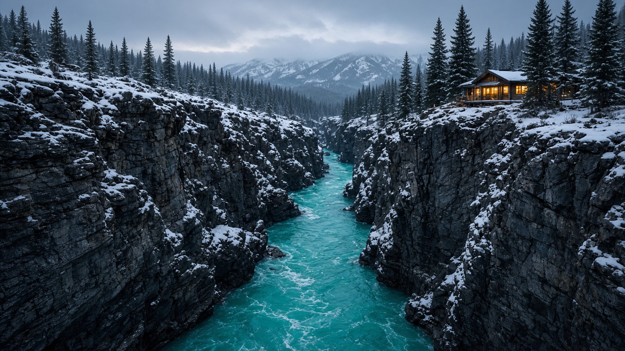 A snowy slate canyon with cabin light in the trees