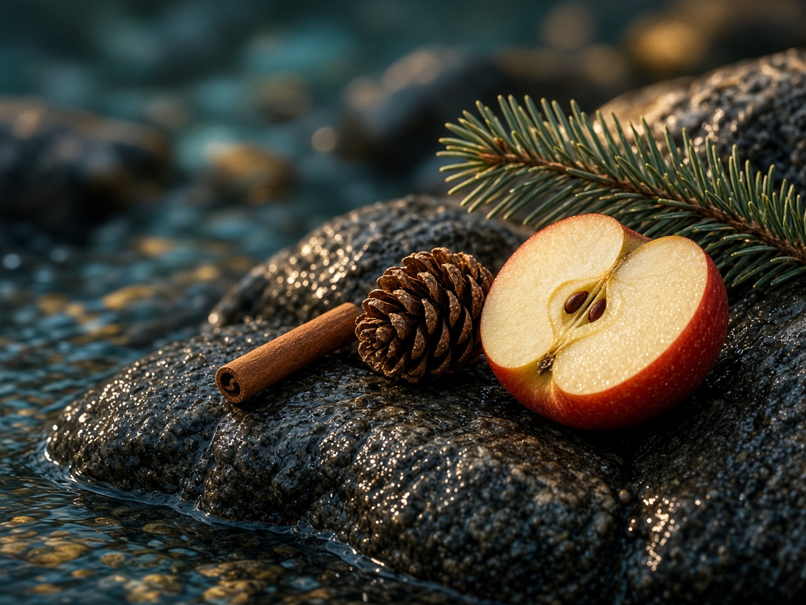 Evergreen, pine cone, cinnamon, and a cut apple on river stones