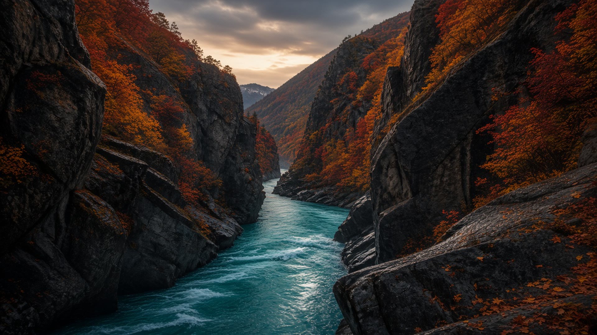 A teal river running through a slate canyon in autumn