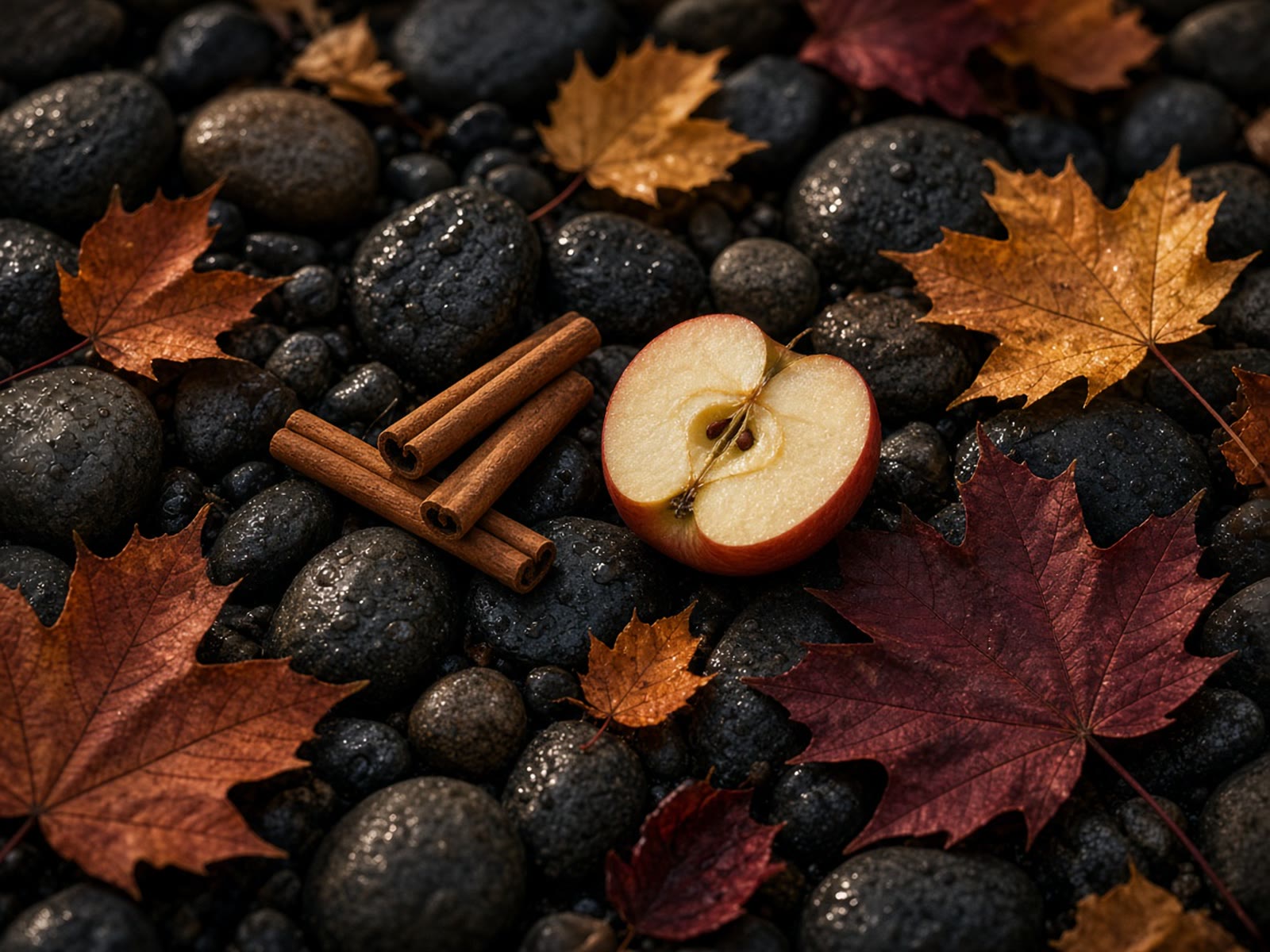 Maple leaves, cinnamon, and a cut apple on wet river stones