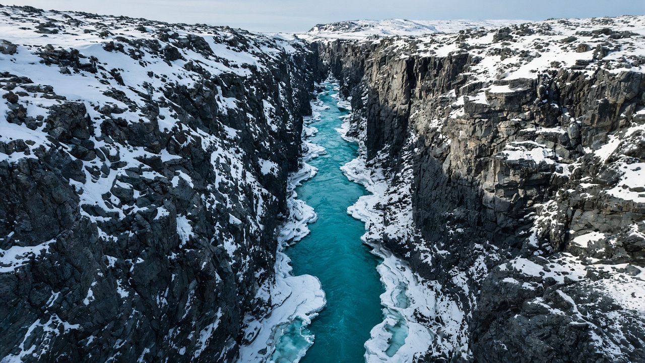 A teal river running through a snowy slate canyon
