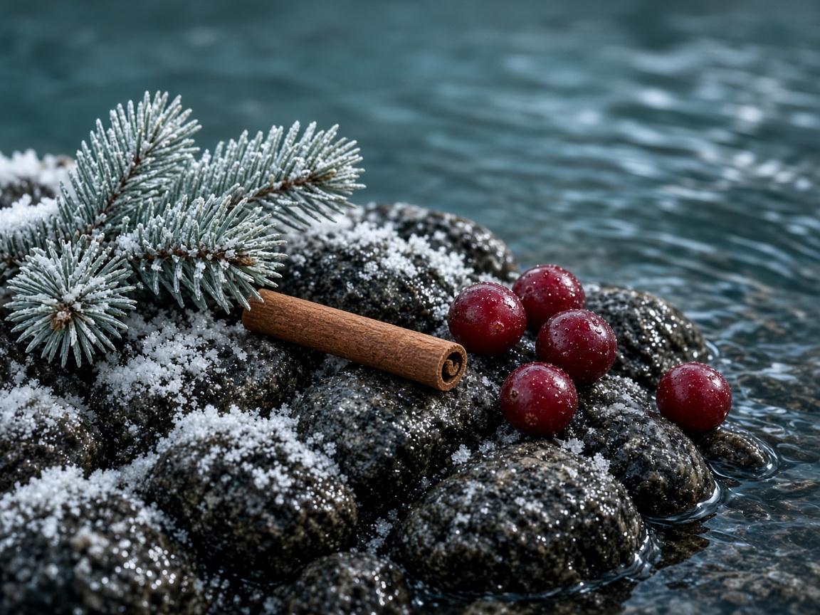 Spruce, cinnamon, and cranberries on wet river stones